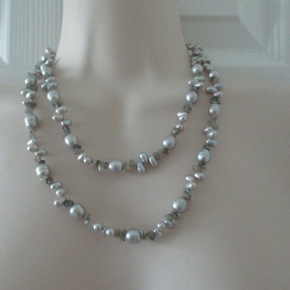 HONORA SILVER GRAY PEARL LABRORIDITE GEMSTONE OPERA LENGTH NECKLACE STERLING 36"